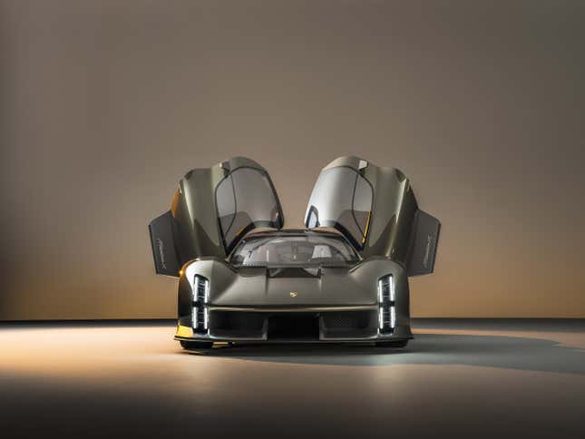 El concepto Porsche Mission X con las puertas abiertas y hacia adelante, vista frontal